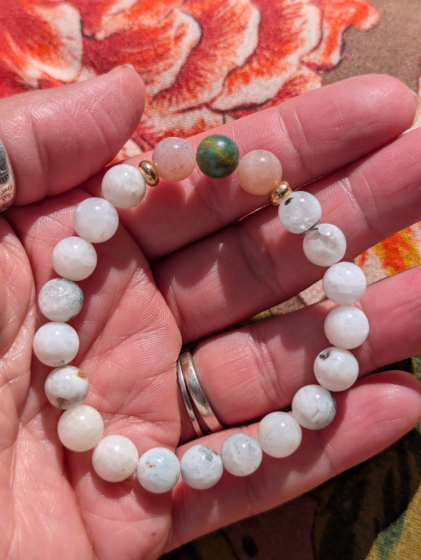 Peach Moonstone & Turquoise Bracelet 🧡🩵💚🧡