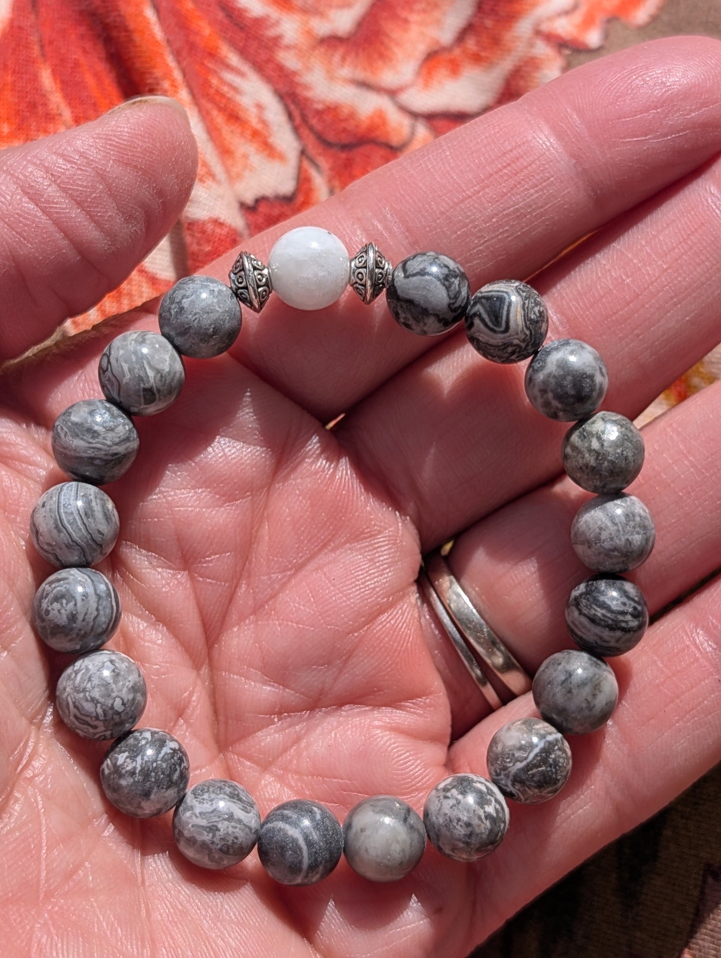 Moonstone & Crazy Lace Agate Bracelet 🩶🤍🩶